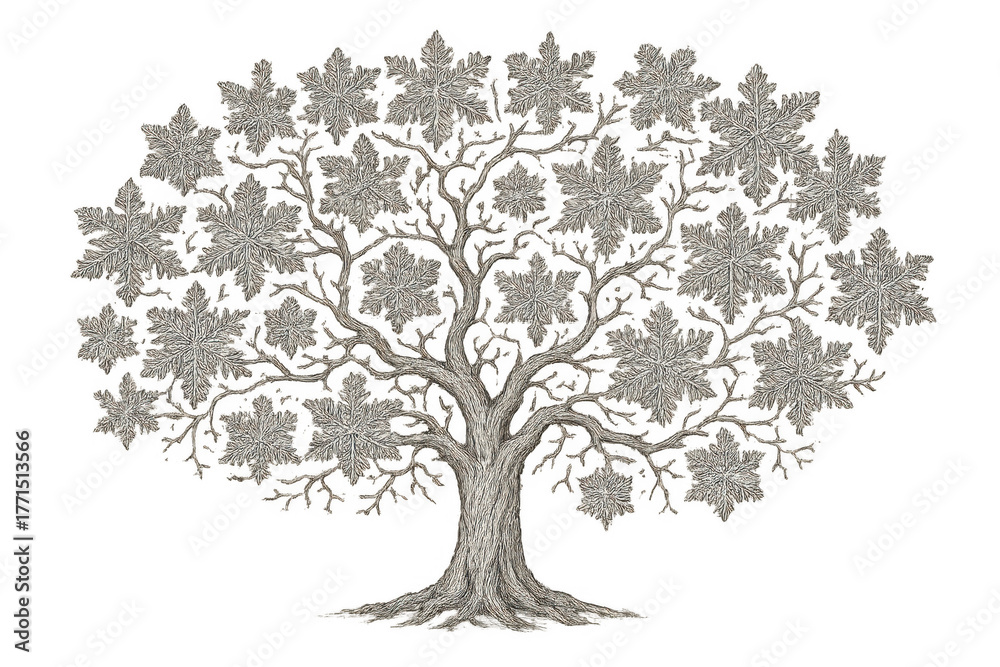 Fototapeta premium Winter tree with textured trunk and branches, showing snowflakes replacing leaves, symbolizing cold weather and the season