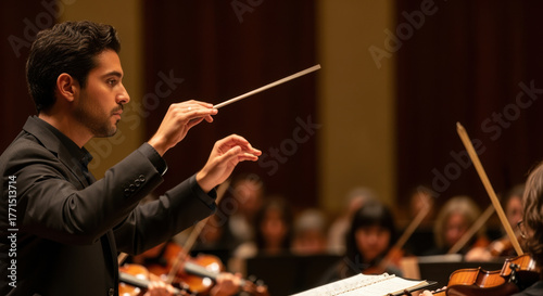 Talented male conductor leads symphony orchestra performance with musicians playing string instruments in a grand concert hall