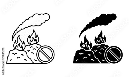Burning Landfill Ban Icons with a prohibition sign Vector.