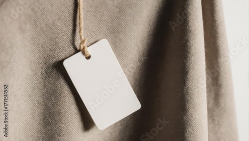 Blank white tag hanging on brown fabric, close-up view.