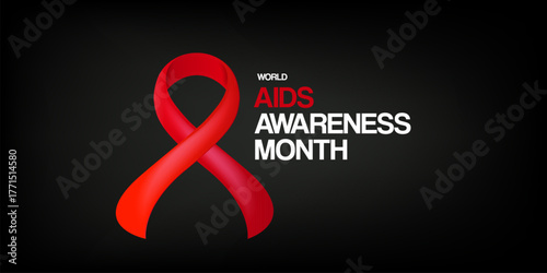 World AIDS awareness month banner with red ribbon. World HIV awareness month starts in December. Red ribbon with text isolated on grey background. World AIDS Day December 1st