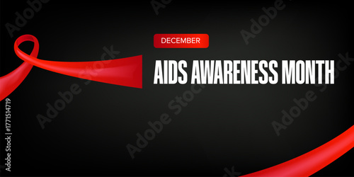 World AIDS awareness month banner with red ribbon. World HIV awareness month starts in December. Red ribbon with text isolated on grey background. World AIDS Day December 1st