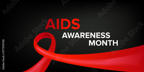 World AIDS awareness month banner with red ribbon. World HIV awareness month starts in December. Red ribbon with text isolated on grey background. World AIDS Day December 1st