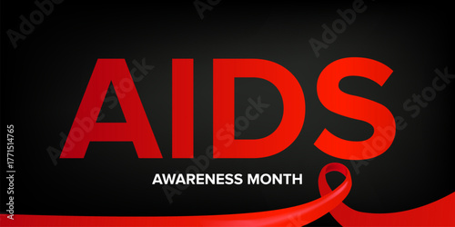 World AIDS awareness month banner with red ribbon. World HIV awareness month starts in December. Red ribbon with text isolated on grey background. World AIDS Day December 1st