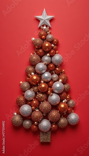 Spherical Christmas ornaments stacked to form a stylized Christmas tree on a red backdrop.