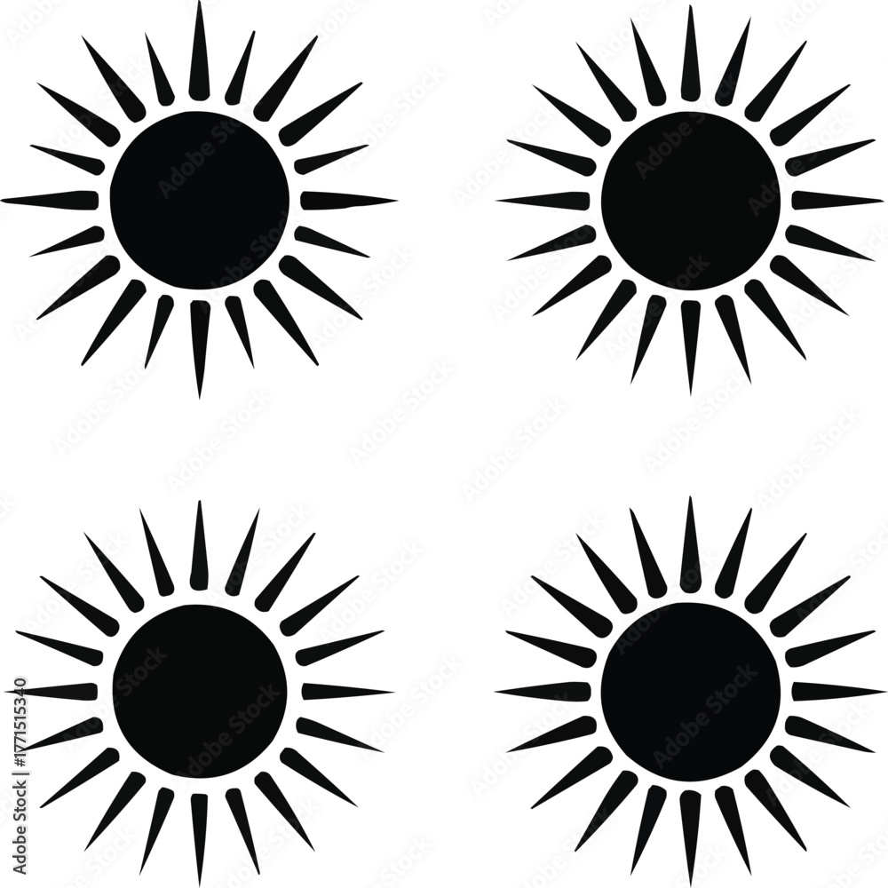 Fototapeta premium Sun Silhouette Icons Set Four Stylized Suns with Radiating Rays in Diverse Shapes