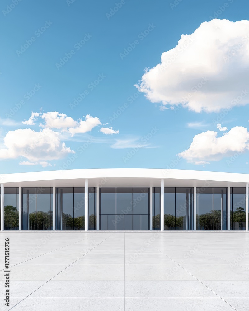 Obraz premium Modern white building with large glass windows and reflecting trees set against a blue sky with white clouds
