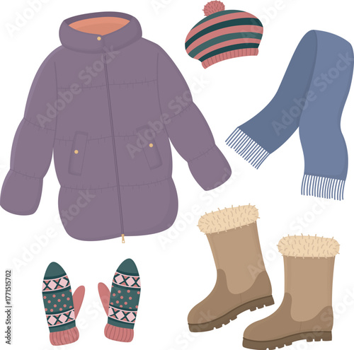 Winter clothing set with warm outerwear and accessories. Illustration of puffer coat, boots, scarf, hat and mittens