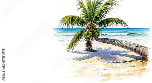 A vibrant watercolor illustration of a leaning coconut palm tree on a white sand beach with the ocean waves in the background. Ideal for travel brochures, summer art, and website design elements.