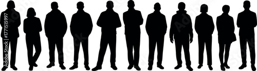 Crowd of People Silhouettes Standing in a Row Uniformly Vector Graphic
