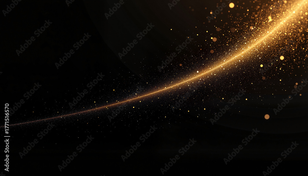 Obraz premium Minimal cinematic composition, line of golden confetti across black velvet background, soft depth for holiday cards, invitations and luxury brand websites