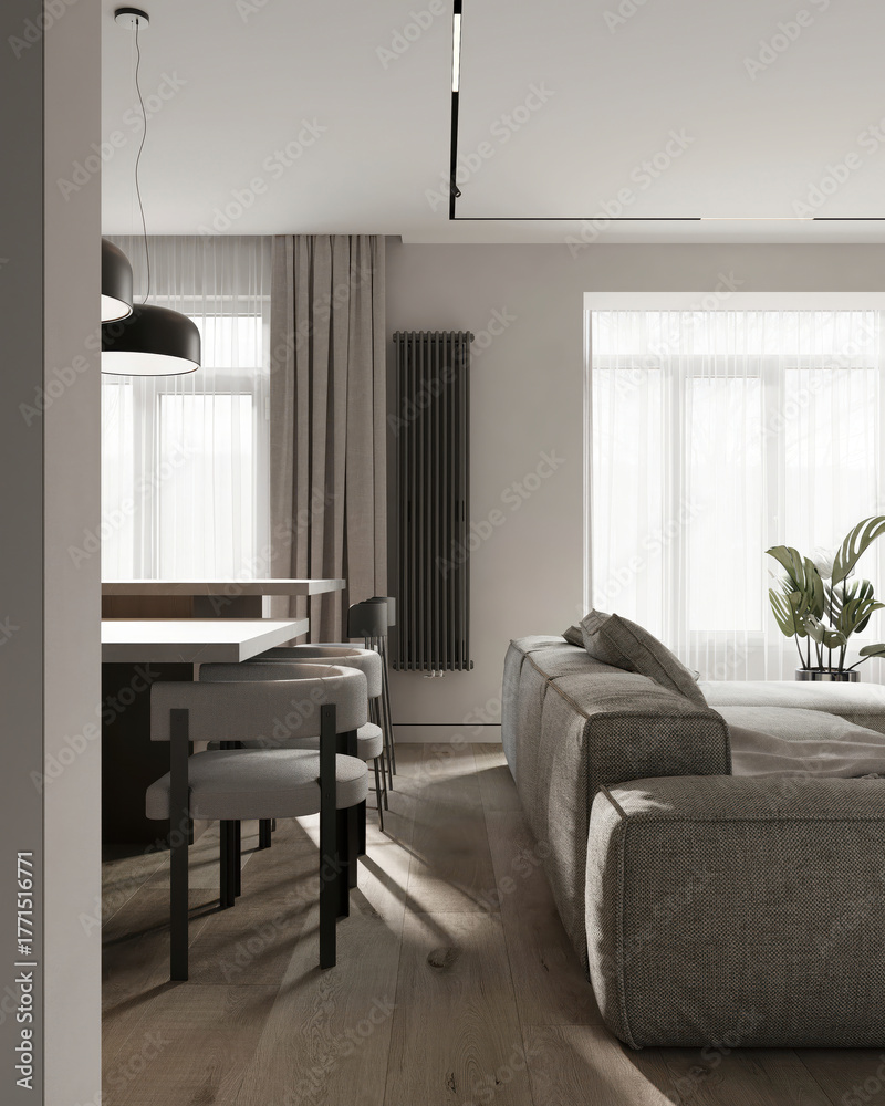 Fototapeta premium Modern open-plan living and dining room with neutral tones, soft light, and minimal decor. Cozy home interior design.