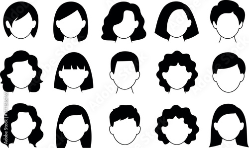 Diverse collection of face icons showing different hairstyles and genders