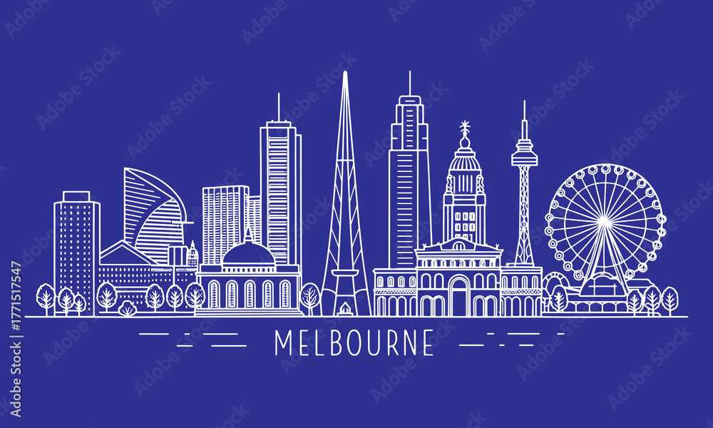 Obraz premium Melbourne Skyline Sketch with Cultural Landmarks — Hand-Drawn Cityscape Art for Tourism, Travel Poster and Souvenir Design
