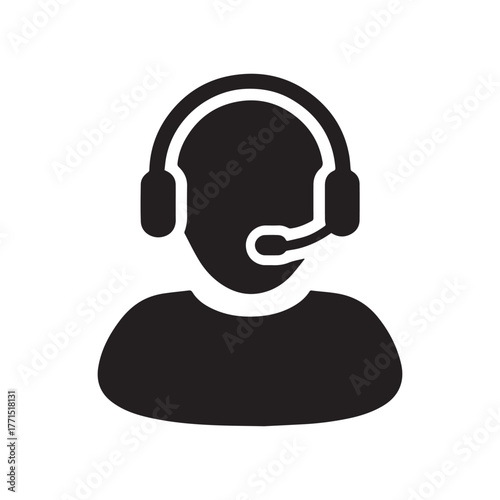 Customer Care Service and Support Icon - Flat Vector Person Avatar With Headphone for Helpline in Glyph Pictogram Symbol illustration