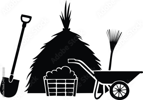Farm harvest tool silhouette set with sickle, basket, wheelbarrow, and haystack
