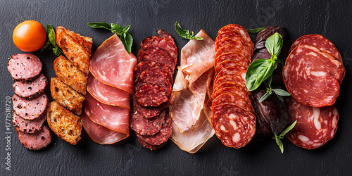 Sliced deli meats featuring ham and savory selections Generative AI