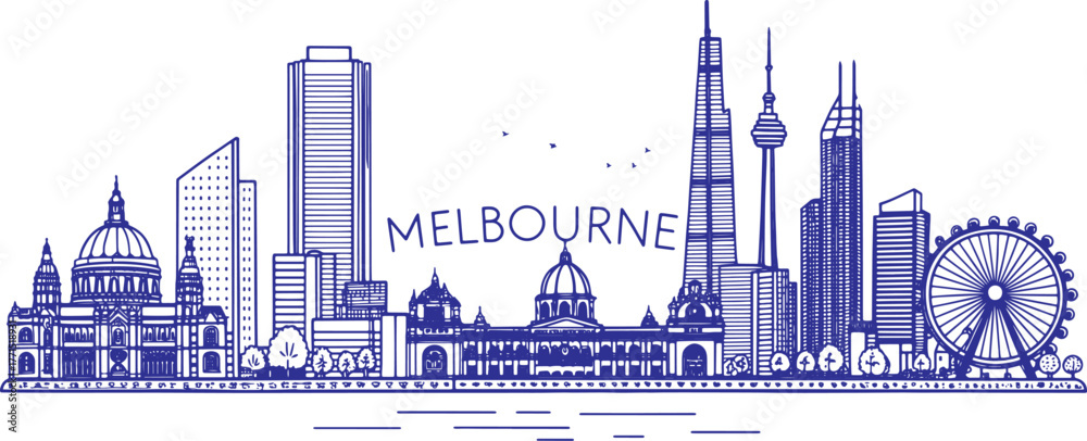 Fototapeta premium Melbourne Skyline Sketch with Cultural Landmarks — Hand-Drawn Cityscape Art for Tourism, Travel Poster and Souvenir Design