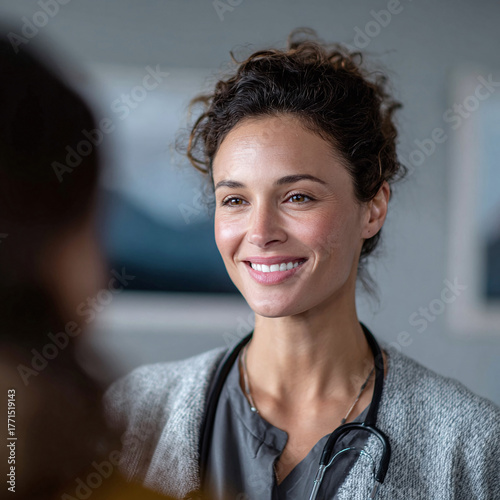 Professional female doctor listens intently.  Smiling, caring,  empathetic.  Medical professional.  Healthcare, wellness,  consultation.  Authentic connection  trust.