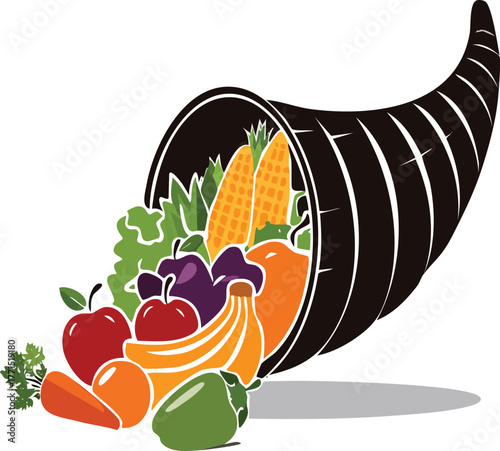 Cornucopia silhouette icon set with horn of plenty with fruits and vegetables