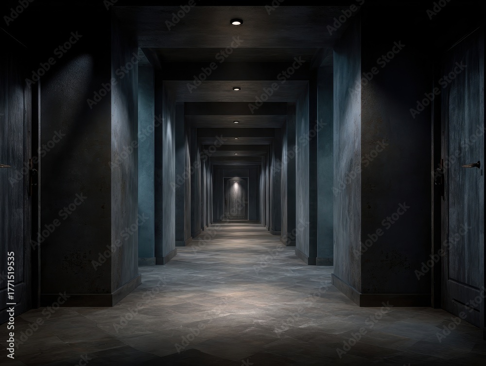 Fototapeta premium Dark Hallway Interior Design with Recessed Lighting and Textured Walls Architectural Passage Mystery and Enigma in a Modern Building