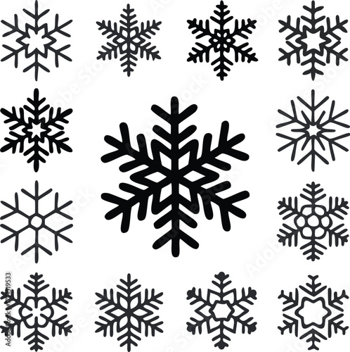 Snowflake silhouette icon set with variety of 12 snowflake shapes, geometric symmetry vector