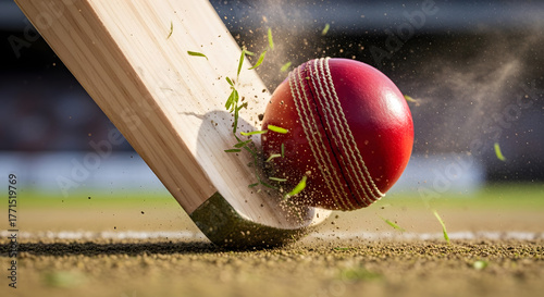 Close up of a cricket bat hitting a red ball with dust and debris flying