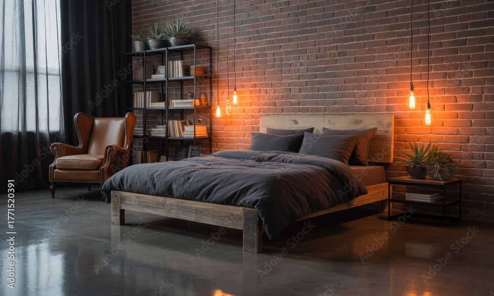 Fototapeta premium Industrial-style bedroom with dark gray bedding and exposed brick
