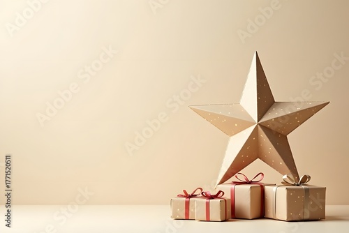 simple stylized Handmade star, gifts in simple paper packaging light background. Festive composition for Christmas, New Year