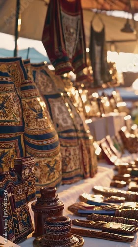 Romanian vendor presenting traditional handmade garments featuring intricate bird ornaments, wooden crafts displayed at sunset market with warm golden light and vibrant cultural atmosphere