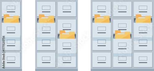 Office cabinet with open drawer and visible document files illustration set