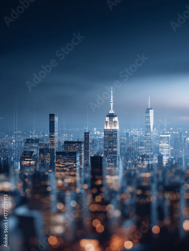 Dramatic, moody cityscape featuring illuminated skyscrapers at dusk. Tiltshift effect creates a miniatureworld feel. Perfect for finance, business, or travelrelated projects.