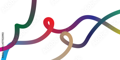 An abstract, clean, white background adorned with multiple intertwined, flowing, and looping lines, each exhibiting a distinct smooth color gradient including shades of blue, pink, yellow, purple, bro