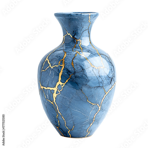 Vase blue ceramic decorative golden cracked surface kintsugi inspired art isolated on transparent background 8k png image