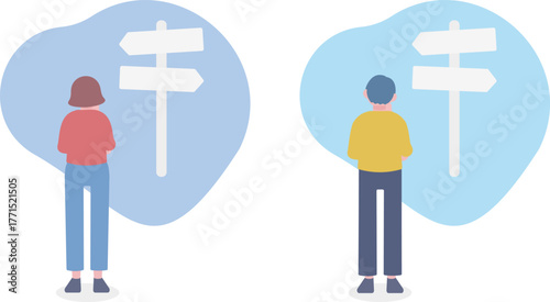 Back view of man and woman thinking in front of direction arrows sign illustration