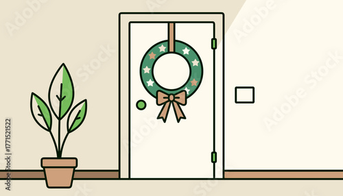 Colorful Epiphany wreath hanging on a door with potted plant in minimalist interior  