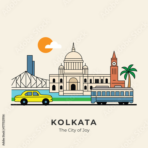 Minimal 2D vector art of Kolkata Cityscape illustration, West Bengal with Howrah Bridge, Victoria Memorial, yellow taxi, tram.