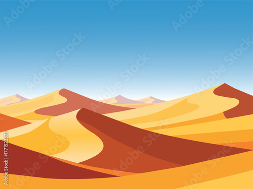 Vast desert landscape with rolling sand dunes under a clear blue sky
