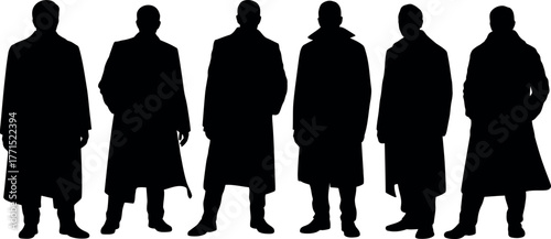 Silhouette group of people wearing coats standing in a row design