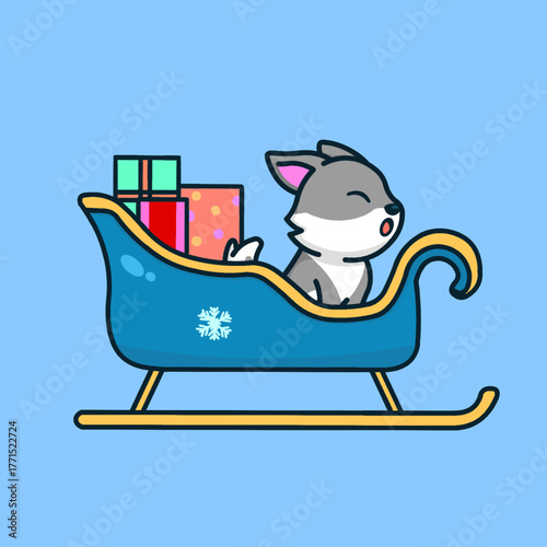 Cute Little Husky Riding a Sleigh with Christmas Gifts Vector Illustration