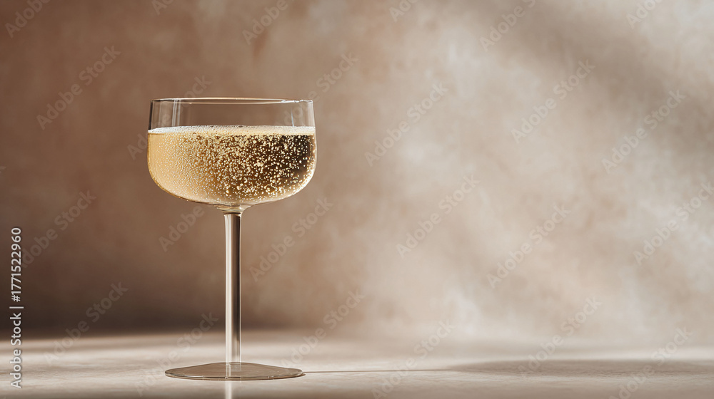 Obraz premium Elegant coupe glass filled with sparkling wine, bathed in soft light. Celebratory mood. Perfect for festive occasions, luxury, or fine dining themes. Sophisticated, minimal.