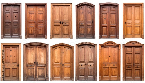 An assortment of wooden doors, showcasing varied styles and finishes against a white background