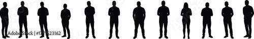 Silhouettes of people standing in row, casual stances, posture study, teamwork, group lineup, diversity, unity, body language, social behavior, illustration