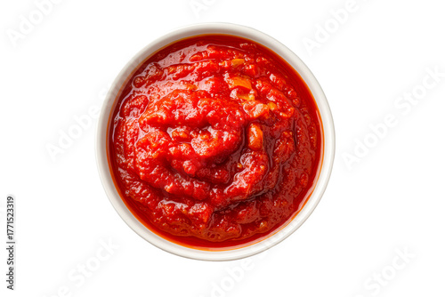 Close-up view of rich red tomato sauce in a white bowl on a transparent background, cut out