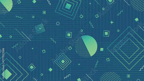 Contemporary geometric background featuring green abstract shapes lines and grid patterns on blue backdrop ideal for posters web banners presentations and modern digital artwork
