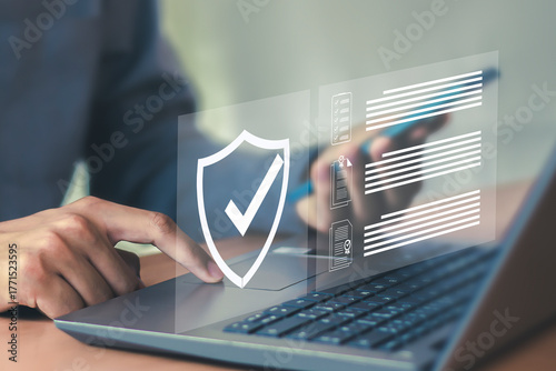 Digital document approval checklist on laptop screen. Productivity and business technology concept.