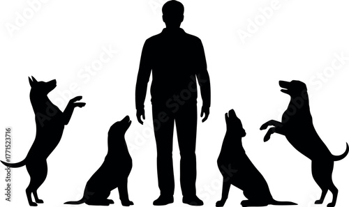 Silhouette of a man surrounded by playful dogs in monochrome style