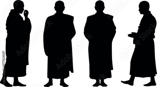 Silhouette of Buddhist Monks in Meditation and Contemplation Group in Black