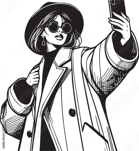 This title is clear, descriptive, and covers all the key elements: the subject (stylish woman), the action (taking selfie), and the file type (vector illustration).