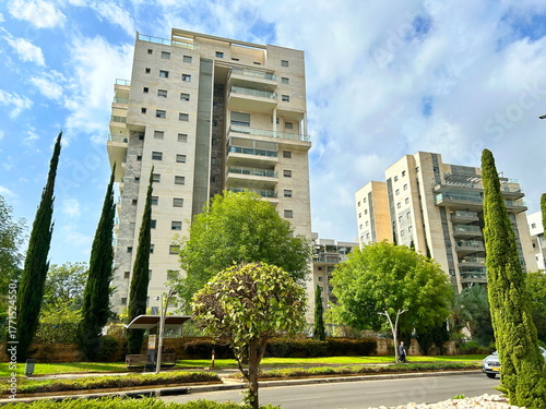 A modern residential area in Israel. New buildings, a cozy residential complex. Apartment buildings